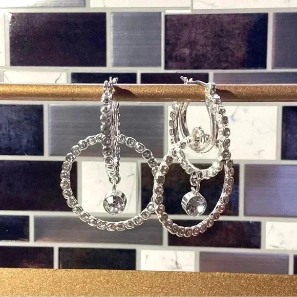 Bling Double Hoop Geometric Hollow Round Circle Dangle Earrings Silver Earrings - Picture 1 of 5